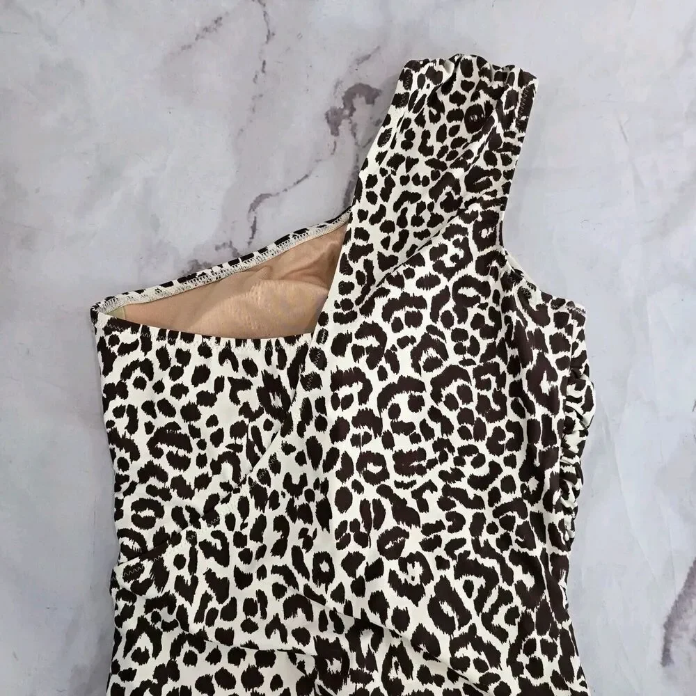 J Crew One Piece One Shoulder Ruched Bikini Leopard Swim Suit BF245 NEW